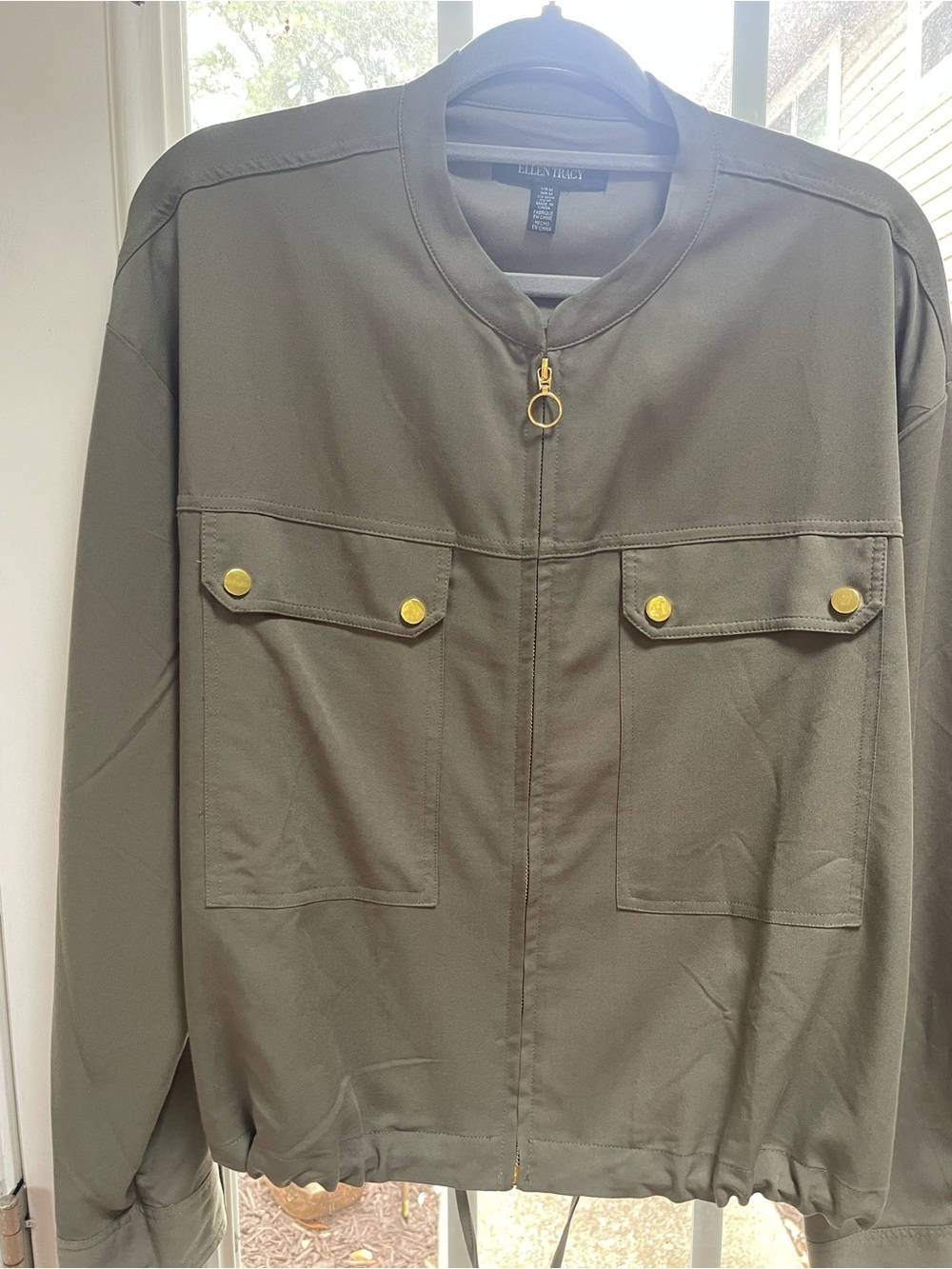 Ellen Tracy Olive Utility Bomber Jacket with Gold Accents